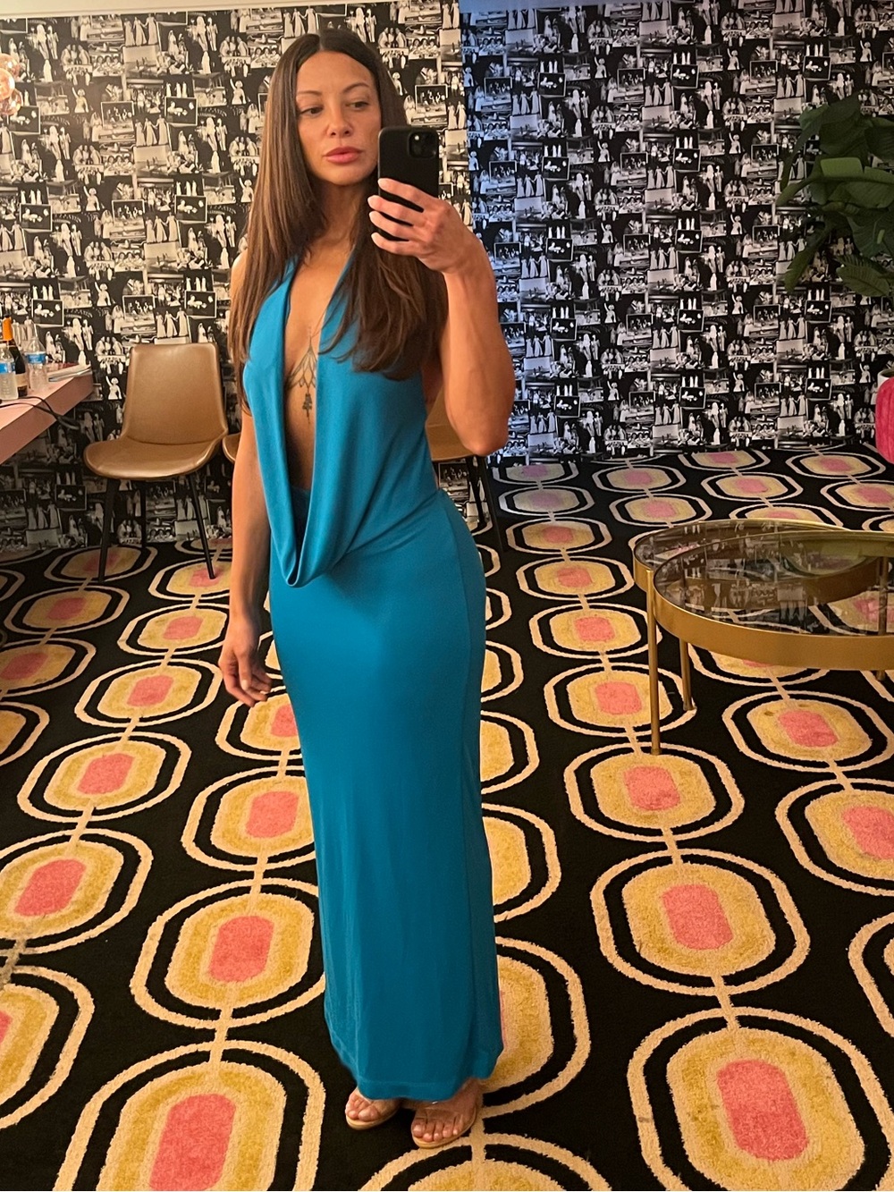 Zara Electric Blue Long Draped Cowl Neck Halter Dress Size S